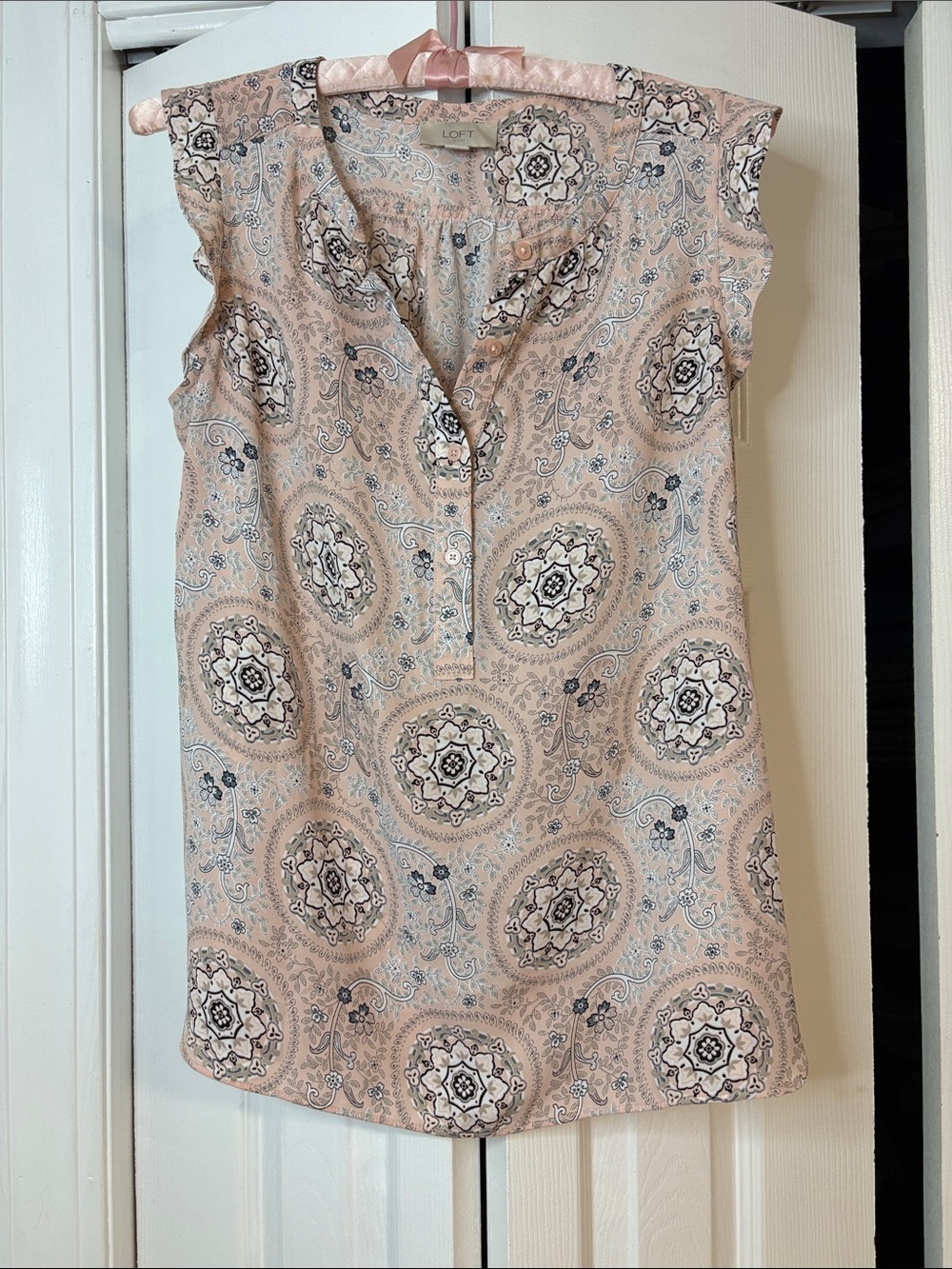 LOFT Blush Paisley Cap-Sleeve Henley Top